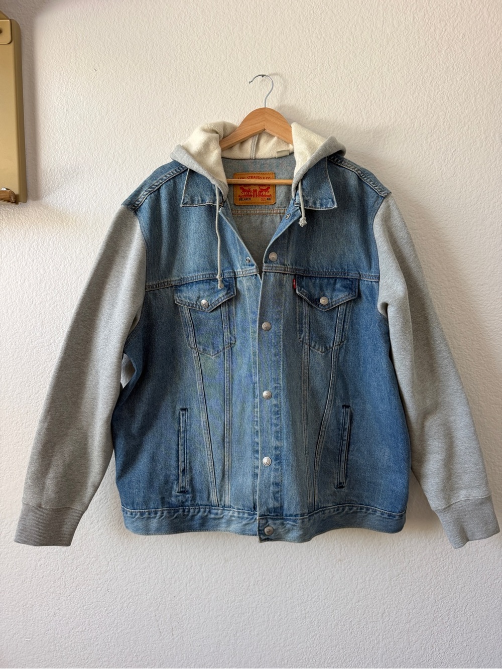 Levi's Blue Denim Jacket with Gray Hood and Sleeves